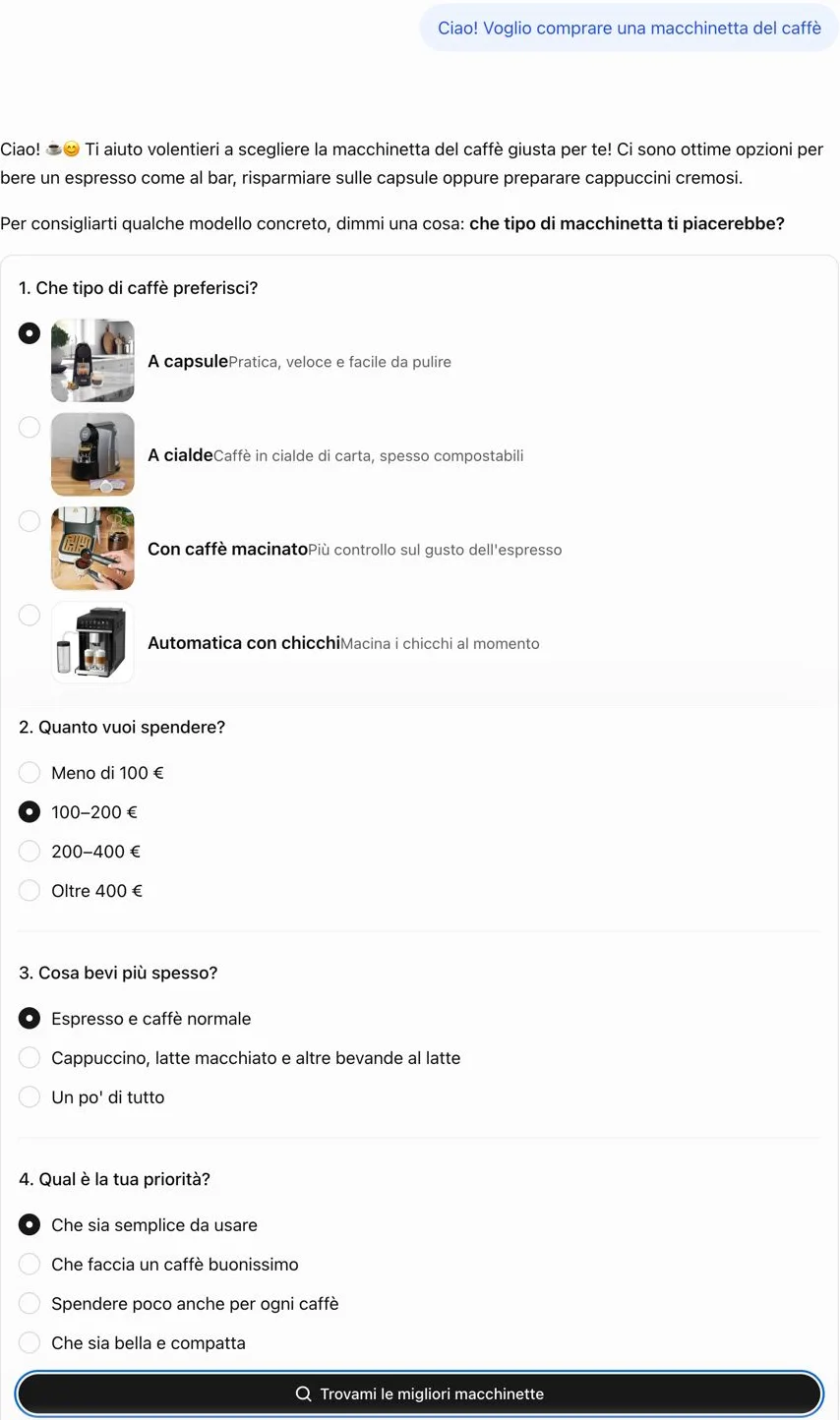 Modulo di ChatGPT con quattro domande già compilate: macchinetta a capsule, budget 100–200 euro, espresso, semplicità d'uso