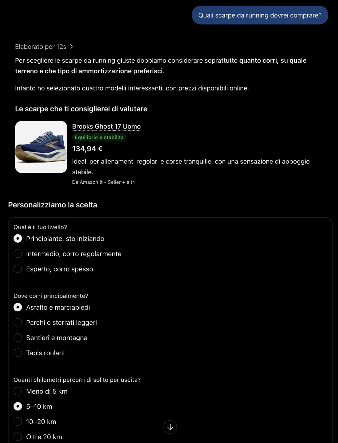 Risposta di ChatGPT sulle scarpe da running: prima le schede prodotto con prezzo e venditore, poi il modulo Personalizziamo la scelta con risposte già selezionate